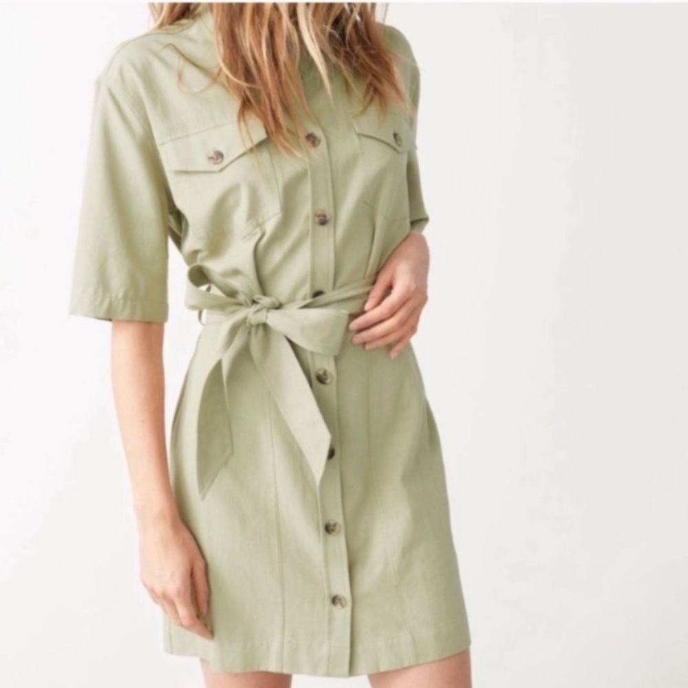 & Other Stories Khaki button down mini soft green shirt dress